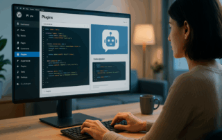 ChatGPT a dit : Un développeur travaille sur la création d’un plugin WordPress assisté par une intelligence artificielle. Sur son écran d’ordinateur, on voit l’interface de WordPress avec du code et une fenêtre d’assistant AI suggérant du code. L’ambiance est professionnelle et moderne, éclairée par une lumière douce dans un bureau ordonné.