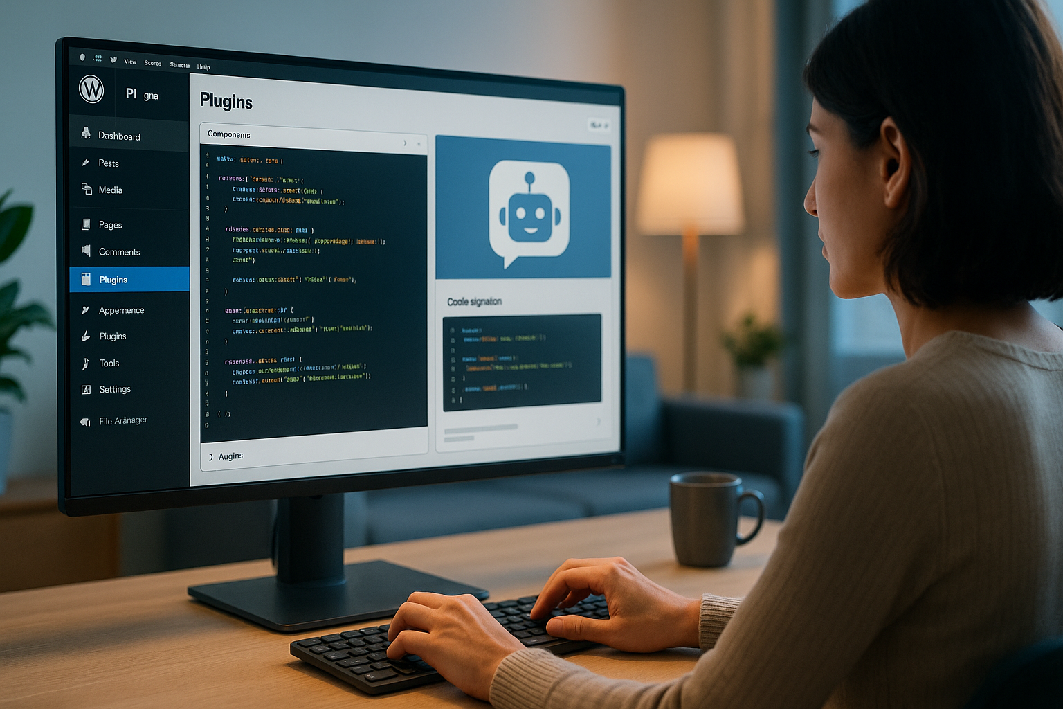 ChatGPT a dit : Un développeur travaille sur la création d’un plugin WordPress assisté par une intelligence artificielle. Sur son écran d’ordinateur, on voit l’interface de WordPress avec du code et une fenêtre d’assistant AI suggérant du code. L’ambiance est professionnelle et moderne, éclairée par une lumière douce dans un bureau ordonné.